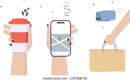 hands phone navigation shopping card coffee package