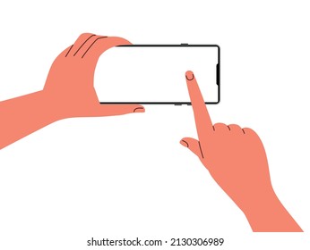 hands with a phone on a white background, horizontal orientation, index finger touches a blank screen, flat vector illustration