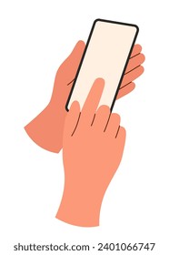 Hands with phone on white background.