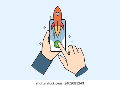 Hands with phone with rocket symbolizing fast internet and high-quality network for using mobile apps. Smartphone with high-speed internet for surfing websites and watching videos on video hosting