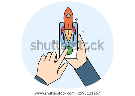 Hands with phone with rocket symbolizing fast internet and high-quality network for using mobile apps. Smartphone with high-speed internet for surfing websites and watching videos on video hosting