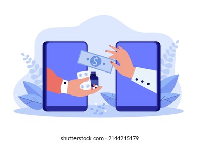 Hands from phone screens exchanging money for medicines. Patient giving dollar bill to pharmacist for medication and pills flat vector illustration. Online pharmacy, doctors prescription concept