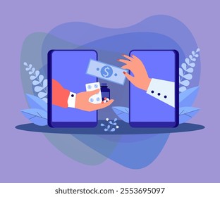 Hands from phone screens exchanging money for medicines. Patient giving dollar bill to pharmacist for medication and pills flat vector illustration. Online pharmacy, doctors prescription concept