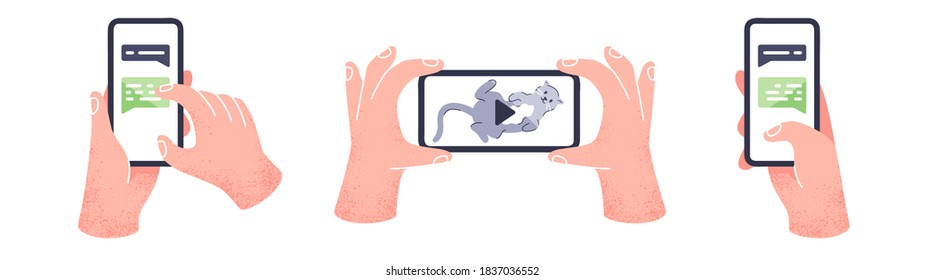 Hands with phone set. Hands hold the smartphone horizontally and vertically. Flat style vector eps10 illustration. Presses a finger on the screen. Simple modern design. Realistic template isolated.