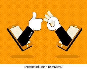 Hands of the phone shows OK! Vector illustration