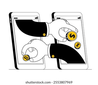 Hands from phones exchange bitcoins for dollars. Vector illustration on the topic of cashing out cryptocurrency. Cartoon funny modern style.