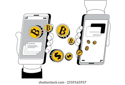 Hands from phones exchange bitcoins for dollars. Vector illustration on the topic of cashing out cryptocurrency. Cartoon funny modern style.