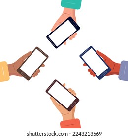 Hands with phones. Information and actions on the Internet.