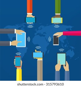 Hands with phones. Interaction hands using mobile and other digital devices. Concept worldwide network and mobile