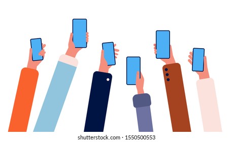 Hands with phones. Many people holding smartphones in hands crowd with gadgets internet connection online friendship vector