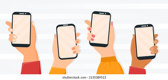 Hands with phones. Modern technologies and digital world. Social networks and communication on Internet, addiction to gadgets in society. Communication and mobile app. Cartoon flat vector illustration