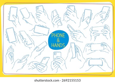 Manos y teléfonos puestos. Ilustración de boceto de Vector.