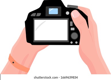 Manos con cámara fotográfica.Vista en primera persona. Copie espacio para sus propias imágenes. Cámara de fotos digital. Haciendo foto para publicidad, pancarta, afiche, tarjeta.