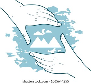 hands photo frame with mountains and moon over blue and white background, sketch style, vector illustration