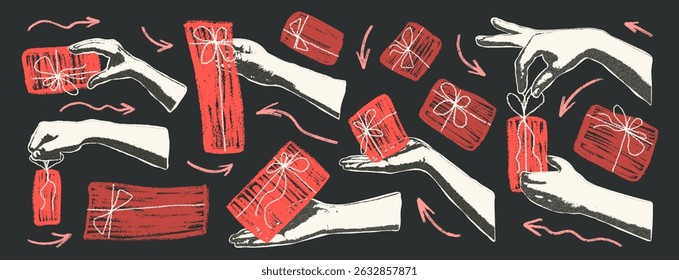 Hands photocopy effect holding crayon gifts set. Holiday surprise collage elements. Woman hand get pencil presents elements. Happy birthday, anniversary trendy concept. Vector scrap illustration.