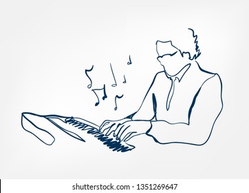 hands piano keys synthesizer sketch line vector design