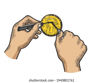 Hands pick lock with Lock picking tools color sketch engraving vector illustration. T-shirt apparel print design. Scratch board style imitation. Hand drawn image.