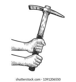 Hands with pick pickaxe tool sketch engraving vector illustration. Scratch board style imitation. Black and white hand drawn image.