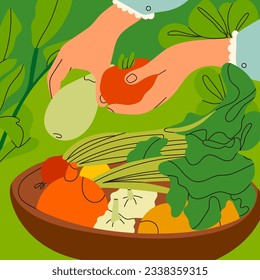 Hands picking organic vegetables in the garden or farm. Hand drawn Vector illustration. Harvesting, horticulture, gardening, seasonal agricultural work concept. Poster, print, design template
