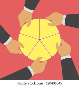 Mãos que escolhem partes do gráfico de pizza. Conceitos de negócios financeiros, concorrentes ou de participação no mercado. Empresário concorrente segurando na mão diagrama circular. Ilustração vetorial em estilo plano. EPS 10.
