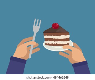 Hands with piece of cake and fork