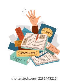 Hands in pile of different things flat icon Many books. Vector illustration