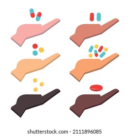 Hands with pill vector illustration in flat style. Cartoon multi ethnic human hands holding medical pills, medicine tablets, drugs, vitamin capsules in open palm. Concept of choice. Isolated icons set