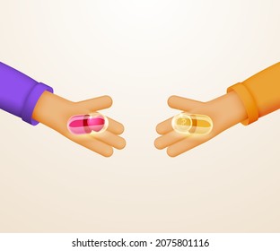 Manos con pastillas. El concepto de elegir entre el amor y el dinero.