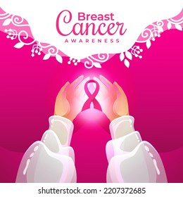 Hands and Pink Ribbon in Breast Cancer Awareness Month