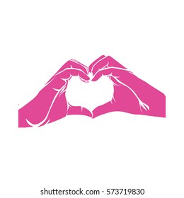 hands pink in shape of heart in symbol support breast cancer vector illustration