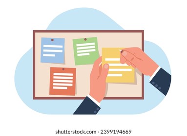 Hands pins note on bulletin board. Colorful stickers on blackboard. Reminders and tasks on wall. Memo and messages on sticky paper. Planning and organization cartoon flat vector concept