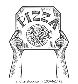 Hands with pizza box engraving vector illustration. Scratch board style imitation. Black and white hand drawn image.