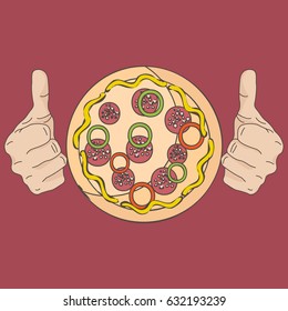 Hands and pizza on red background. Thumbs up