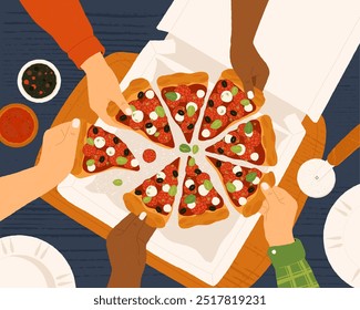 Mãos com fatias de pizza. Desenhos animados segurando pedaços de pizza com queijo e pepperoni, trabalhadores de escritório e amigos fazendo refeição juntos. Ilustração vetorial.