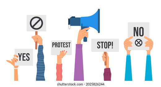 Hands with placards. Protest placard, hand holding manifests banners. No and yes, politic activist picket, demonstration crowd decent vector banner