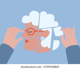 Manos colocando una pieza faltante del rompecabezas en una cabeza del rompecabezas de la mujer mayor. Mujer vieja, demencia, concepto de salud mental de alzheimer, piezas faltantes. Ilustración vectorial plana