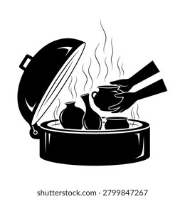 Hands placing a pot into a hot kiln, steam indicates the firing process.