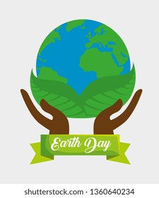 hands with planet and leaves to earth day