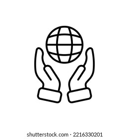 Hands with planet line icon. Save the planet, clean environment, air, water, earth. Ecology concept. Vector line icon for Business and Advertising