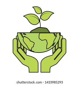 hands with planet plant eco friendly environment vector illustration