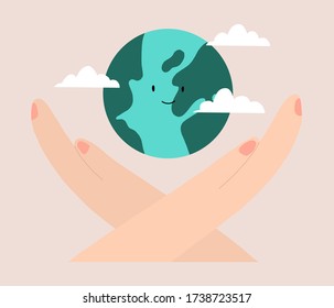 Hands and planet with a smile. Save the planet concept.World Environment Day