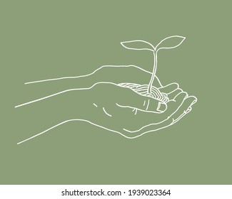 Hands with plant and Earth character with smile. Earth day or Save the earth concept poster. Vector illustration