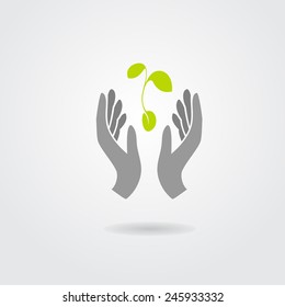 Hands and plant isolated on white background. Vector illustration