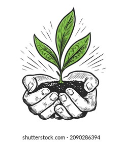 Hands with plant. Save nature. Growing agriculture sprout. Sketch hand drawn - Shutterstock ID 2090286394