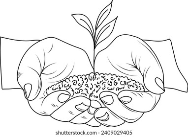 Hands with plant. Save nature. Sketch hand drawn
