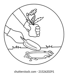 Hands planting flowers in garden, vector outline illustration