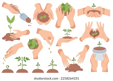 Icono plano de planta plantadora manual. Hogar en una olla de cerámica. Suelo rico para la agricultura y el cultivo de brotes. Semillas y granos para la jardinería. Ilustraciones aisladas de color