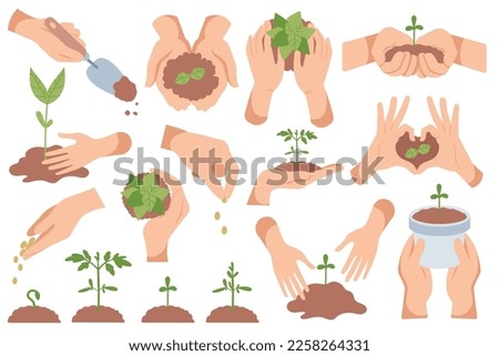 Hands planting plant flat icon. Houseplant in ceramic pot. Rich soil for agriculture and cultivation of sprout. Seeds and grains for gardening. Color isolated illustrations