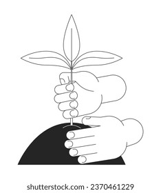 Hands planting plant in soil bw concept vector spot illustration. Gardening 2D cartoon flat line monochromatic hand for web UI design. Editable isolated outline hero image