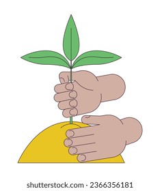 Hands planting plant in soil flat line concept vector spot illustration. Gardening 2D cartoon outline hand on white for web UI design. Editable isolated color hero image